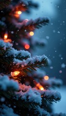 Fototapeta premium Sparkling icicles and snowflakes dance around colorful Christmas light bundle on evergreen branch, , outdoor ambiance, winter wonderland