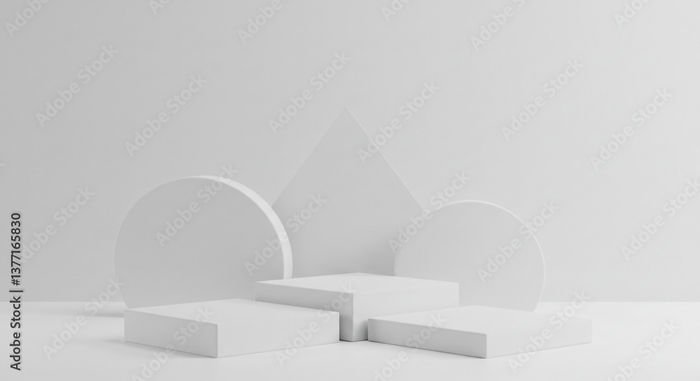 Poster serene white geometric forms create a minimalist display, a peaceful and balanced composition in sof