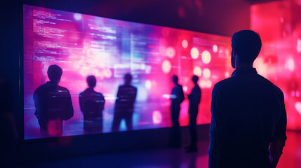 Cybersecurity team monitoring cyberattack simulation, with vibrant screens displaying data and silhouettes of team members engaged in analysis. atmosphere is intense and focused