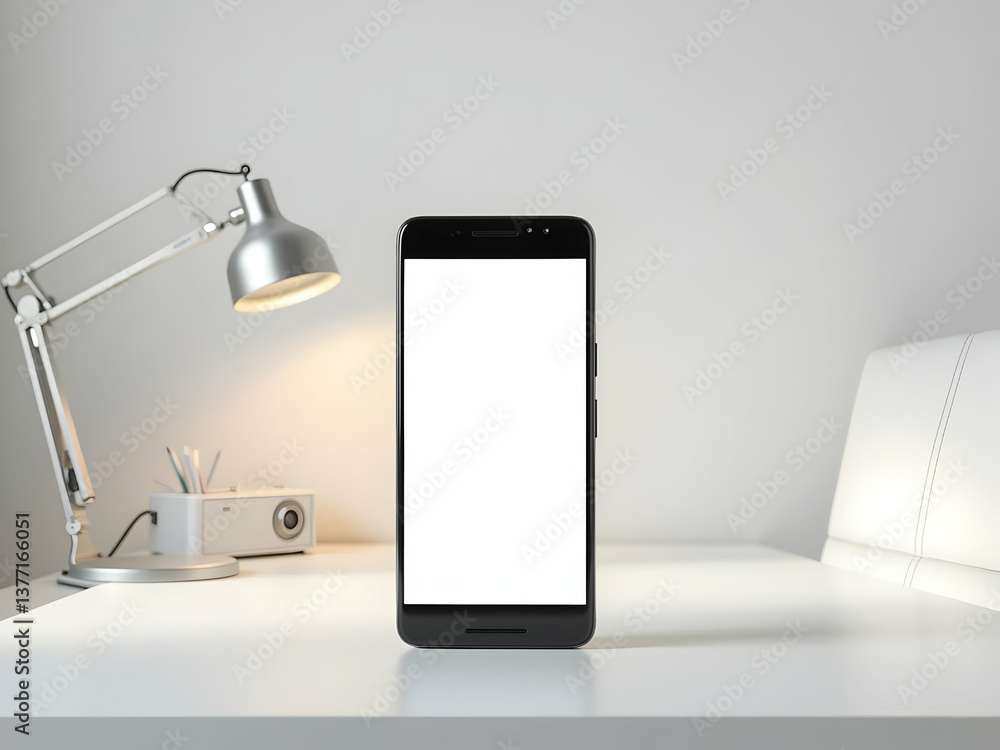 Poster sleek modern smartphone displaying a blank screen on a white desk, ideal for app mockups and ui,ux p