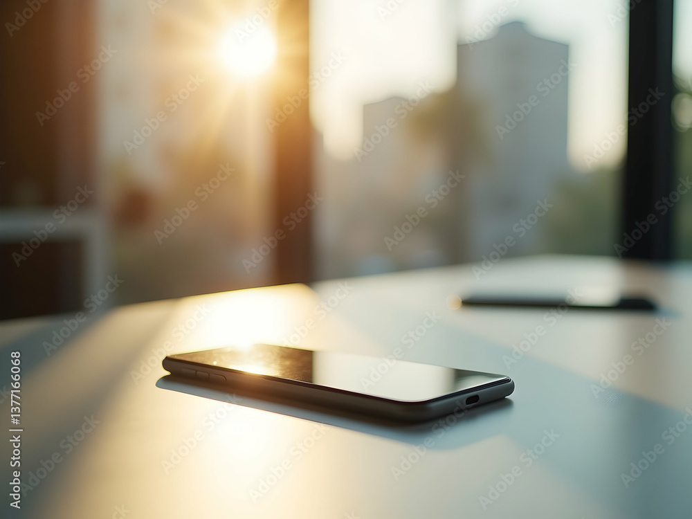 Poster sleek modern smartphone on a desk in a bright office setting with soft sunlight, creating a serene a