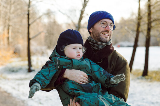 father and son on a winter walk