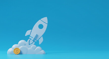 A light blue rocket launching from a cloud fueled by a golden coin, signifying a successful financial breakthrough against a serene azure backdrop.