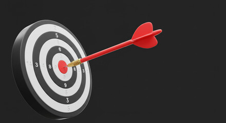 A red dart hitting the bullseye on a classic black and white target, symbolizing the achievement of a goal with a sharp focus and precise aim against a dark background.