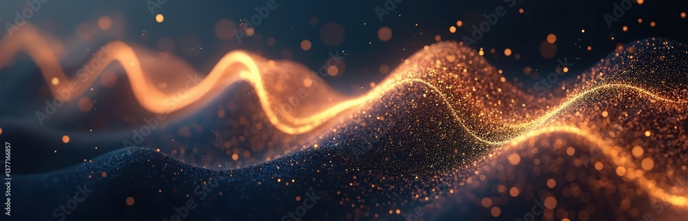Aufkleber Abstract digital particles wave with bokeh light background. 3D render wave line dot background. Line wave light glowing effect particular background. Energy flow concept.