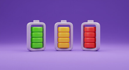 Three colorful battery icons showcasing varying energy levels on a calm purple background, symbolizing power, efficiency, and the importance of energy management.