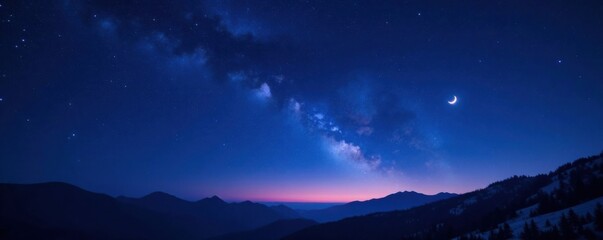 Fototapeta premium Starry night sky with a few shooting stars and a crescent moon in the background, night sky, galaxy, stars