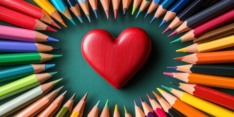 Colorful pencils forming heart shape with red heart on green background