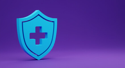 Obraz premium A strong blue shield symbolizing healthcare protection and wellbeing, rendered in a clean, minimalist 3D style against a calming purple backdrop.