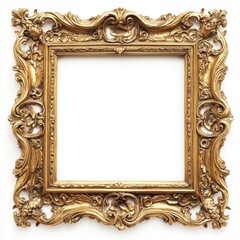 Ornate baroque style gold picture frame with intricate carvings set against a clean white background highlighting its beauty