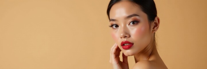 Stunning woman of Asian descent with flawless complexion, bold lip color and dramatic eye makeup, posing against a soft beige backdrop , sophistication, makeup