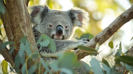 Obraz premium A koala rests on a tree branch, surrounded by green leaves, showcasing its distinctive fur and playful expression in a serene environment.