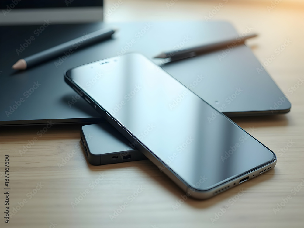 Poster sleek smartphone displayed with a tablet and stylus offering a glimpse into modern digital workspace