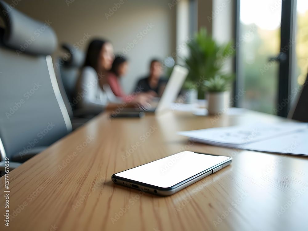 Poster sleek smartphone mockup on wooden table at modern workspace, blank screen device for app presentatio