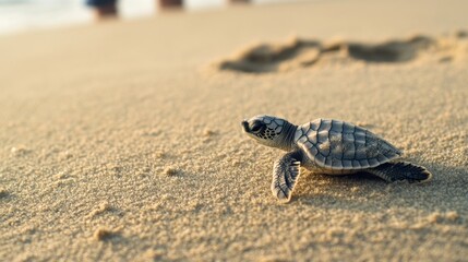 A tiny turtle crawls across sandy beach, heading towards the ocean, symbolizing new beginnings and the fragility of wildlife.