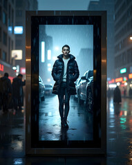 Obraz premium Sleek Smart Glass Display Showcasing a Person on a Rainy City Street, Creating a Modern and Technological Ambiance with Reflections and Cityscapes