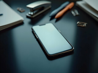 Sleek Smartphone on Desk, A Modern Device with Blank Screen Surrounded by Office Supplies, Perfect for Mockups and Contemporary Tech Visuals