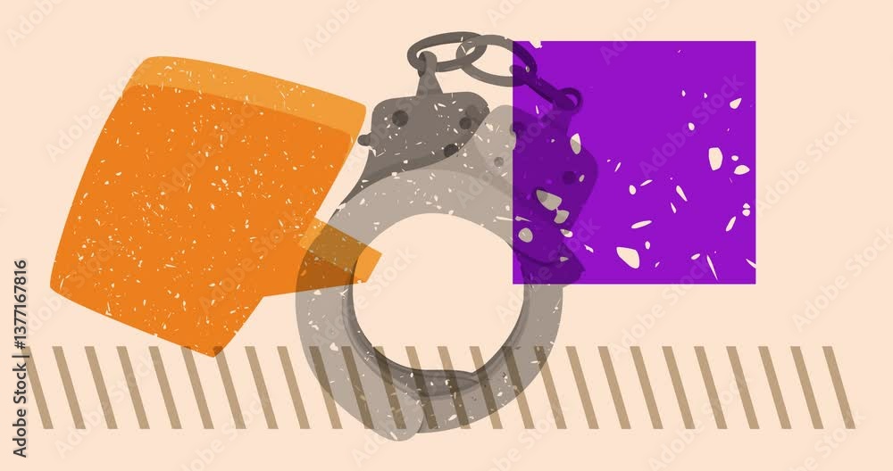Poster risograph handcuffs and speech bubble with geometric shapes animation. moving object in trendy riso 
