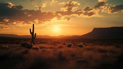 Fototapeta premium Desert Sunset with Cactus Silhouette. (24)