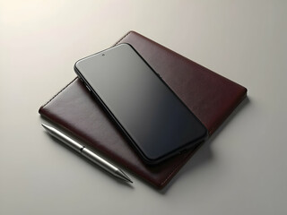 Sleek Smartphone Resting on a Sophisticated Leather Notebook with Elegant Pen, Reflecting Modern Productivity and Minimalist Aesthetic in a Polished Composition