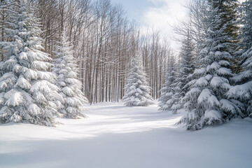 A snow-covered forest in winter, with tall evergreens draped in white and a peaceful, untouched blanket of snow on the ground
