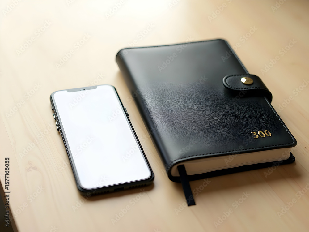 Poster sleek smartphone with a high-resolution blank screen displayed next to a stylish organizer, symboliz
