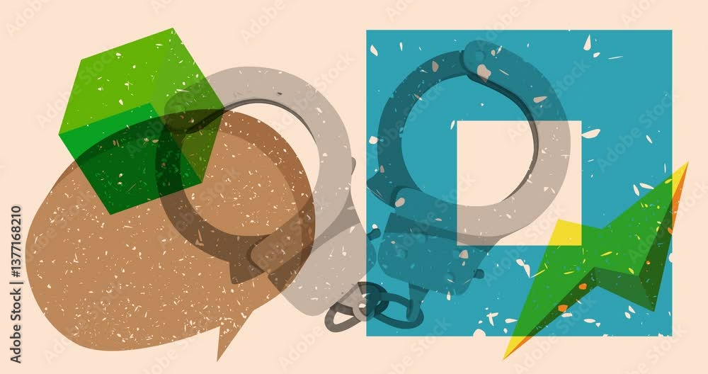 Poster risograph handcuffs and speech bubble with geometric shapes animation. moving object in trendy riso 