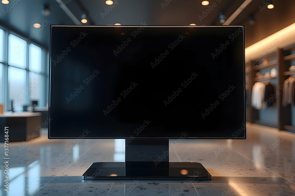 Poster sleek, high-gloss interactive touchscreen panel displaying a blank screen in a modern, brightly lit 