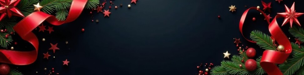 Swirl ribbons wrapped around Christmas banner with stars and festive decorations on black background ,  festive,  holiday decoration