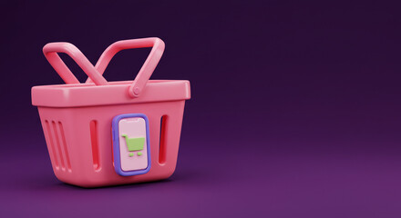 Fototapeta premium A charming pink shopping basket, ready for a delightful shopping spree against a rich purple backdrop.