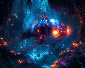 Vibrant and detailed scene of a blind cavefish suddenly gaining glowing eyes underwater lighting effects surreal reflections bioluminescent surroundings