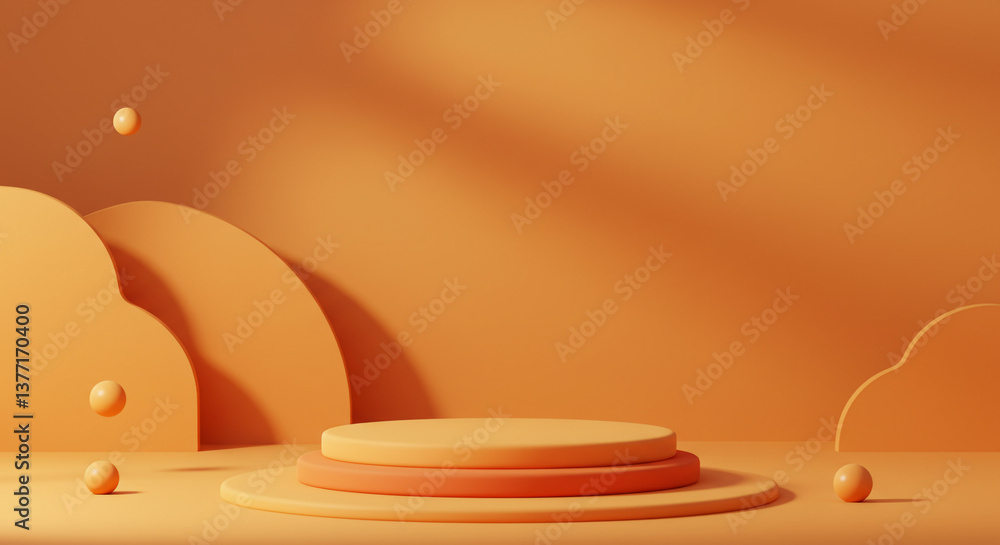 Poster a serene autumnal display showcasing a three-tiered platform, adorned with playful floating spheres,