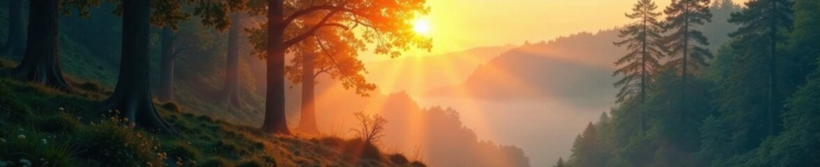 Towering trees illuminated by warm sunbeams in a misty valley , shadow, mist