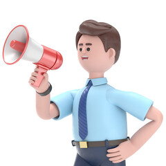 3D illustration of smiling Asian man Felix doing announcement with loudspeaker.Transparent Background Mockup.Supports PNG files with transparent backgrounds.