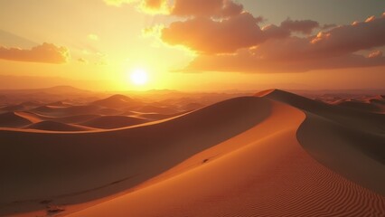Sand dunes in desert landscape at sunset with footprints and dramatic sky	