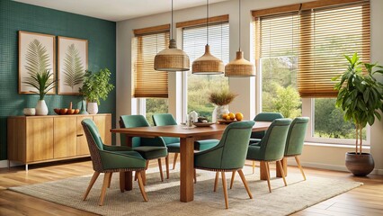 Fototapeta premium Contemporary Earth-Tone Dining Room: Natural Wood Table & Fabric Chairs