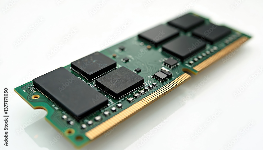 Poster Random access memory module isolated white background. Computer tech component, data storage device. Modern computer hardware, PC upgrade part. Electronic circuit detail, chips and slots.