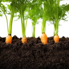 Close-up of carrots growing in the soil featuring bright green tops and earthy roots in a vibrant garden setting