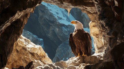 Majestic bald eagle perched in rocky mountain cave with snowy peaks