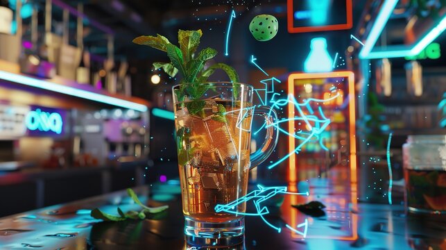 Capture the Cool Moment: The Summer Temptation of Iced Tea with Mint! In the picture, a refreshing glass of iced tea with mint is placed in front of a fresh background. The crystal - clear ice cubes a