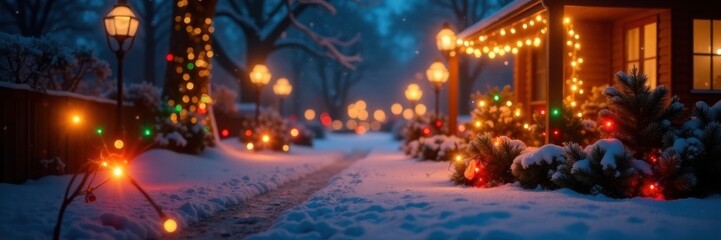 Obraz premium Twinkling Christmas lights wrapped around a festive holiday scene, blue, holly