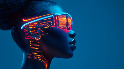 view of a futuristic model with neon tattoos that resemble circuit board patterns 