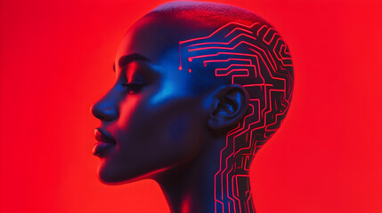 view of a futuristic model with neon tattoos that resemble circuit board patterns 