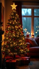 Twinkling lights on a Christmas tree in a cozy room, interior, festive
