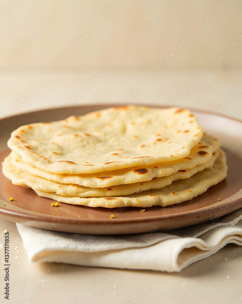 Poster stack of freshly prepared and appetizing soft tortillas on a plate, capturing their delicate texture