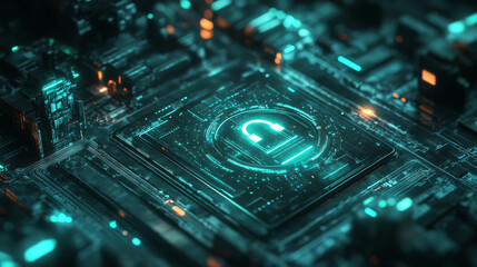 digital lock icon is displayed on futuristic circuit board, symbolizing security and encryption in technology. glowing elements create high tech atmosphere