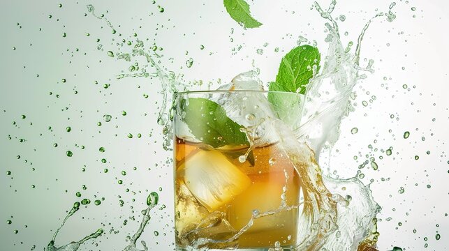 Capture the Cool Moment: The Summer Temptation of Iced Tea with Mint! In the picture, a refreshing glass of iced tea with mint is placed in front of a fresh background. The crystal - clear ice cubes a