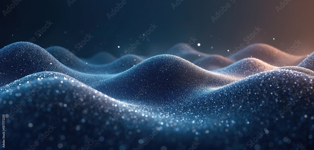 Aufkleber Abstract digital landscape with glowing dots. Futuristic illustration with 3D dynamic wave-shaped array. Tech background with light effects. Modern network, sci-fi visualization, future concept,