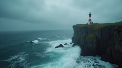 Red lighthouse on dramatic sea cliffs with crashing waves and overcast sky during coastal storm	
