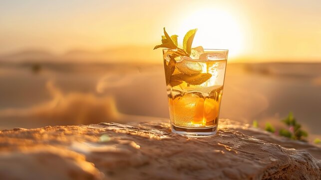 Capture the Cool Moment: The Summer Temptation of Iced Tea with Mint! In the picture, a refreshing glass of iced tea with mint is placed in front of a fresh background. The crystal - clear ice cubes a